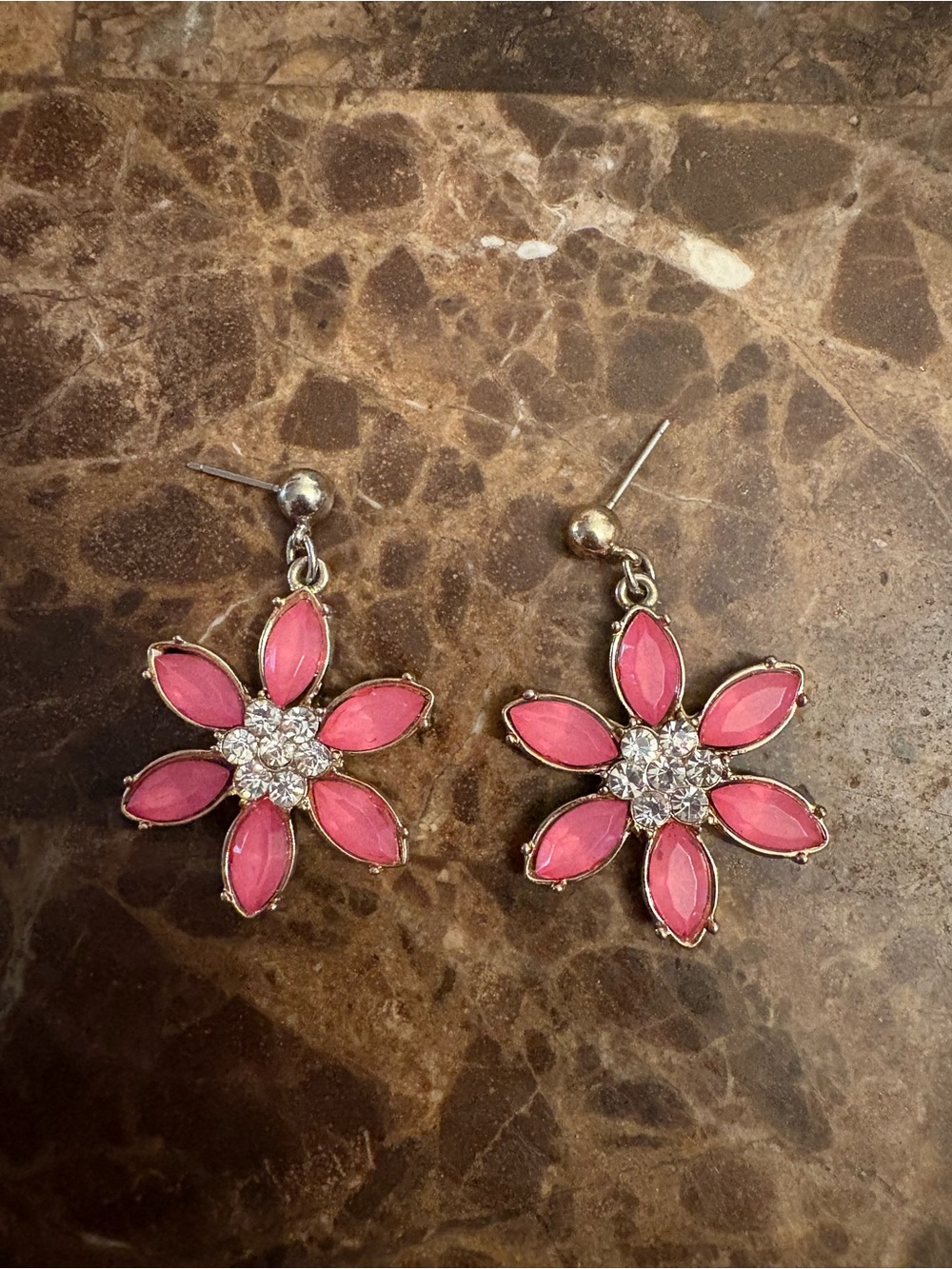 Pink Floral Drop Earrings with Crystal Center